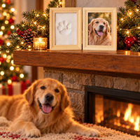 Paw print frame on a Christmas mantel with a golden retriever below