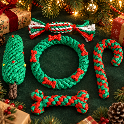 Tree 5-piece Christmas rope dog toy set under a Christmas tree