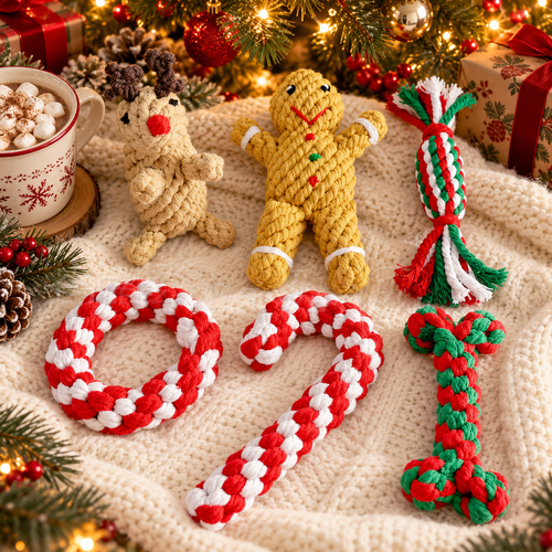 Reindeer 6-piece Christmas rope dog toy set with reindeer and gingerbread man