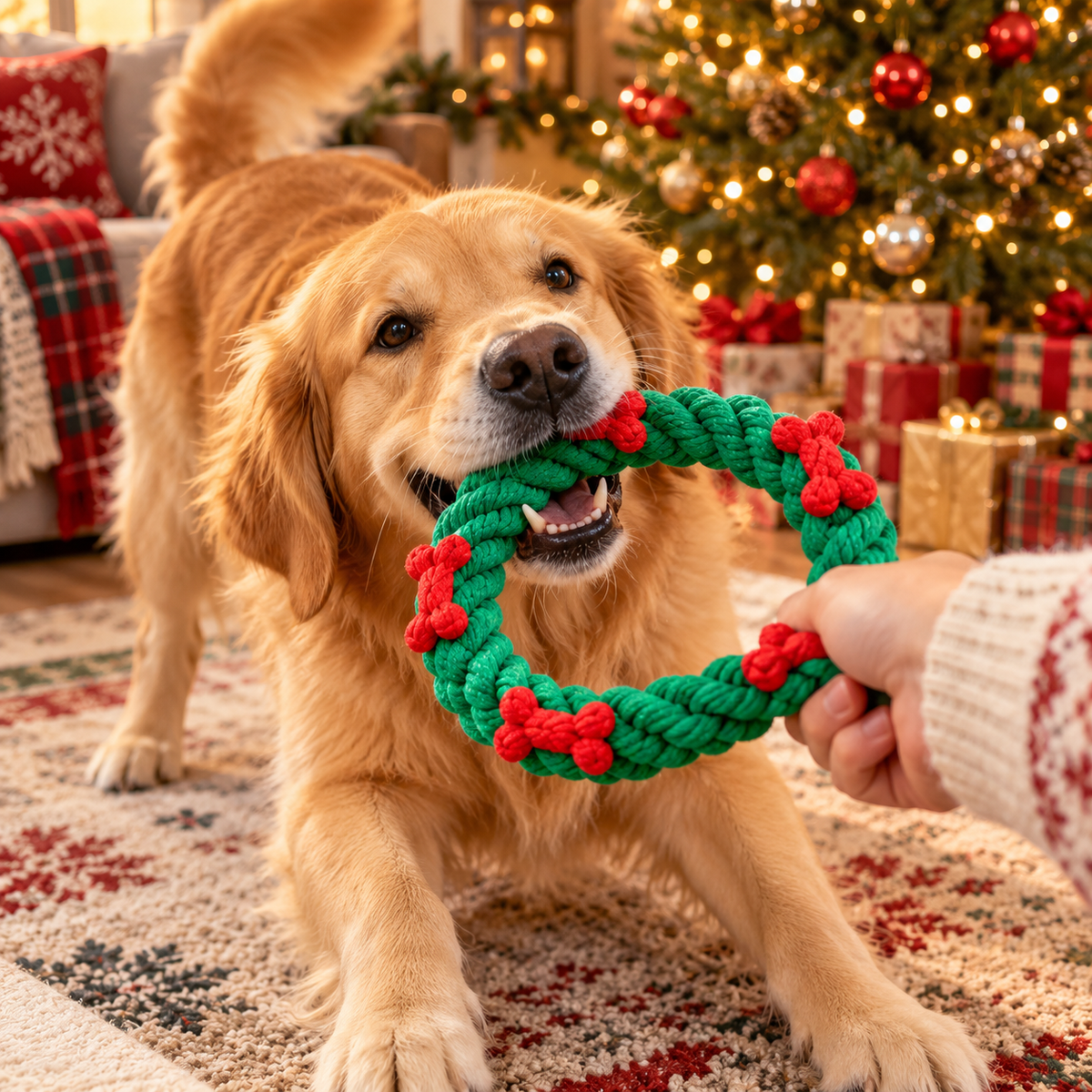 Golden retriever playing tug-of-war with the rope wreath
