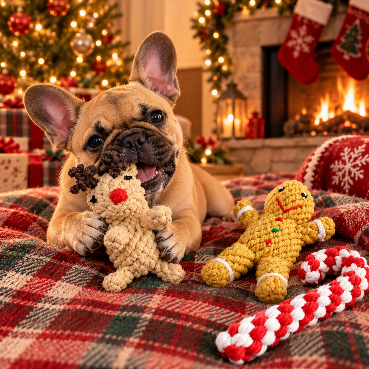 French bulldog puppy chewing the rope reindeer
