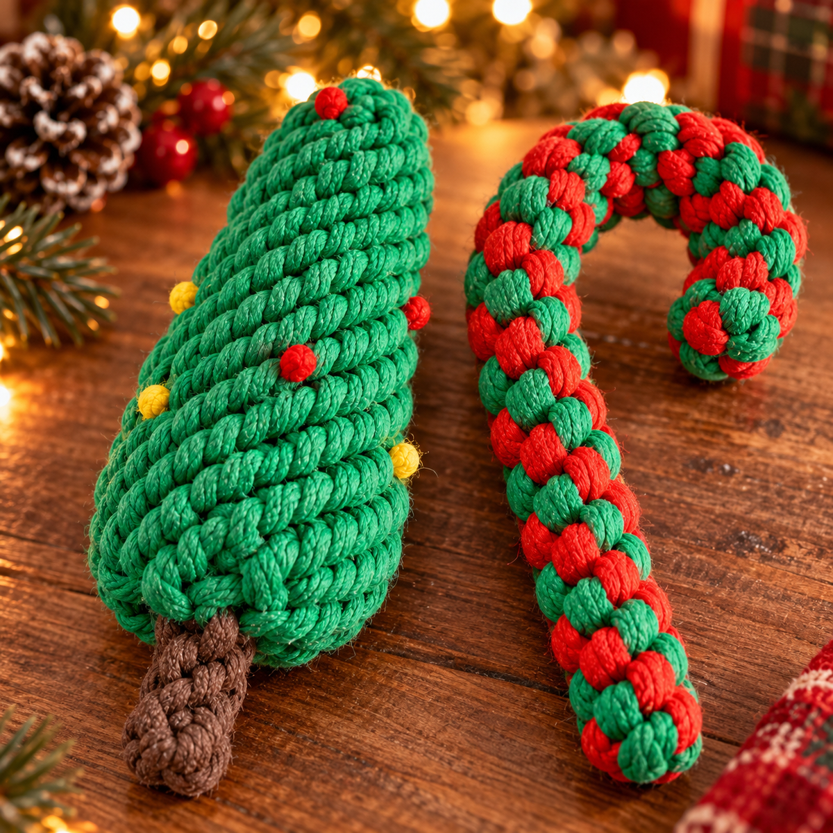 Close-up of braided cotton rope Christmas tree and candy cane