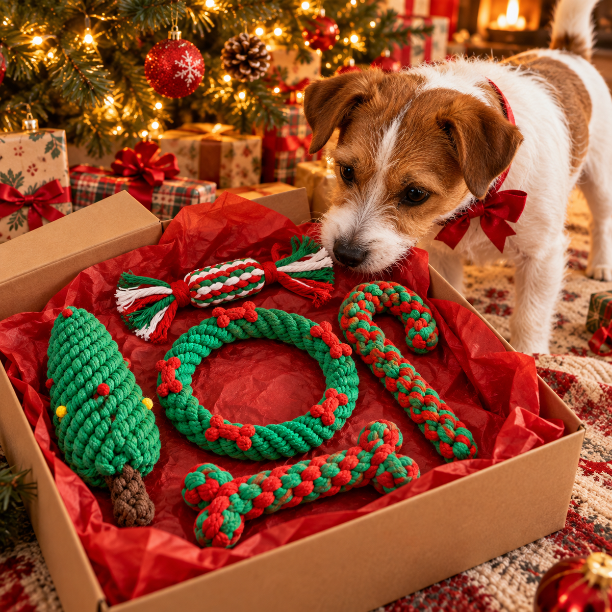 Rope toy set in a gift box with a Jack Russell terrier
