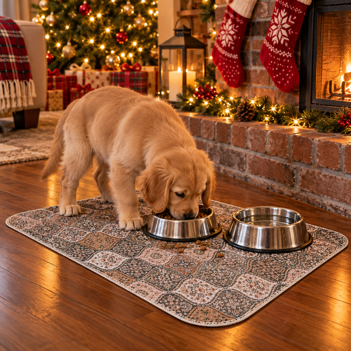 Puppy eating from bowls on the washable rug pad by a fireplace with Christmas stockings