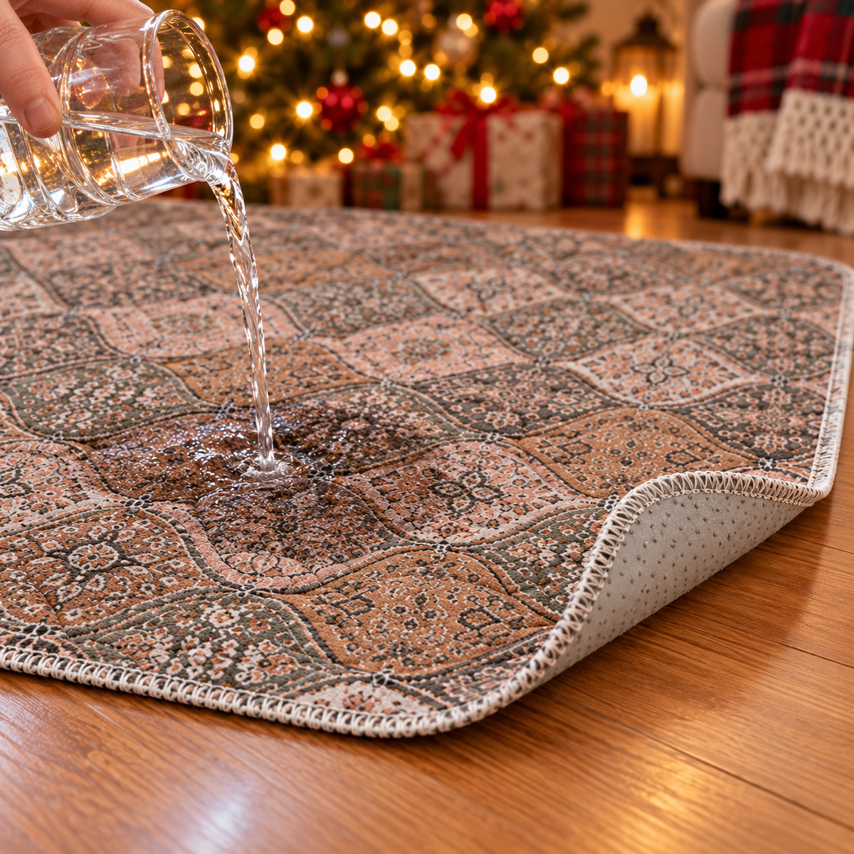 Water poured onto the pad soaks in while the floor stays dry; non-slip backing shown
