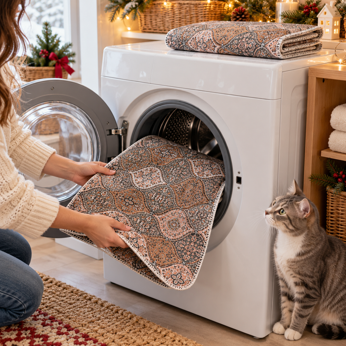 Washable rug pee pad coming out of a washing machine