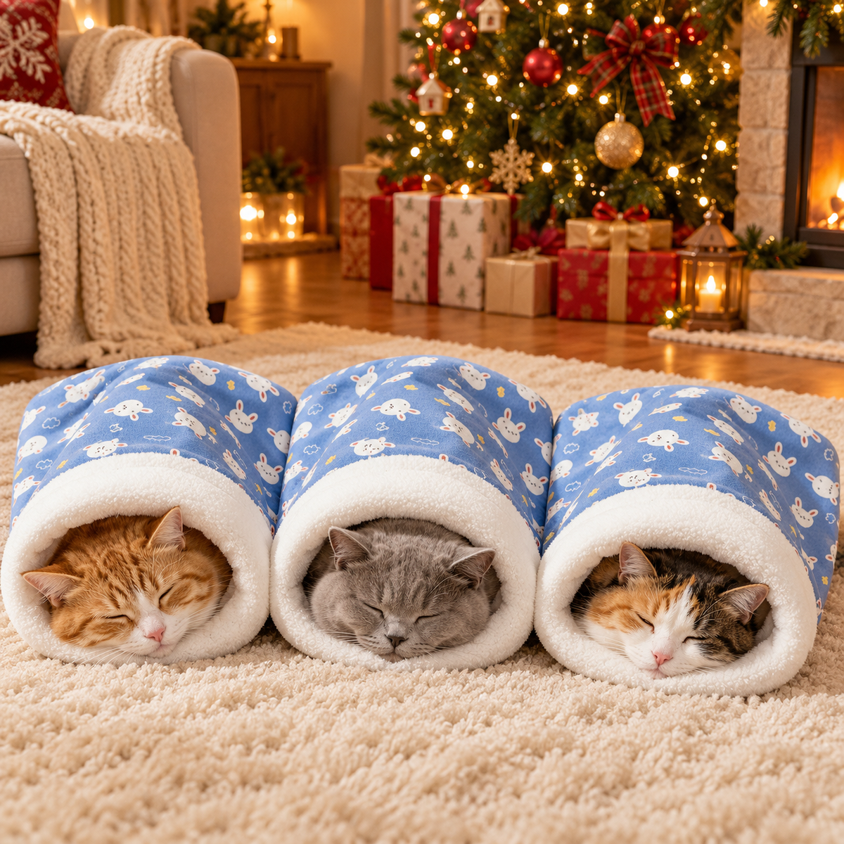 Three cats sleeping in blue bunny cat sleeping bags by a Christmas tree
