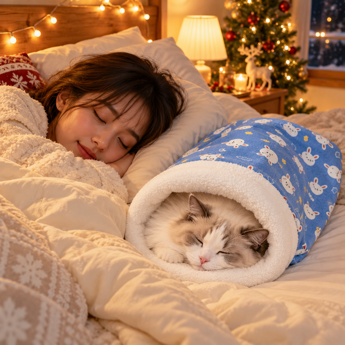 Cat sleeping in the sleeping bag on the bed next to its owner