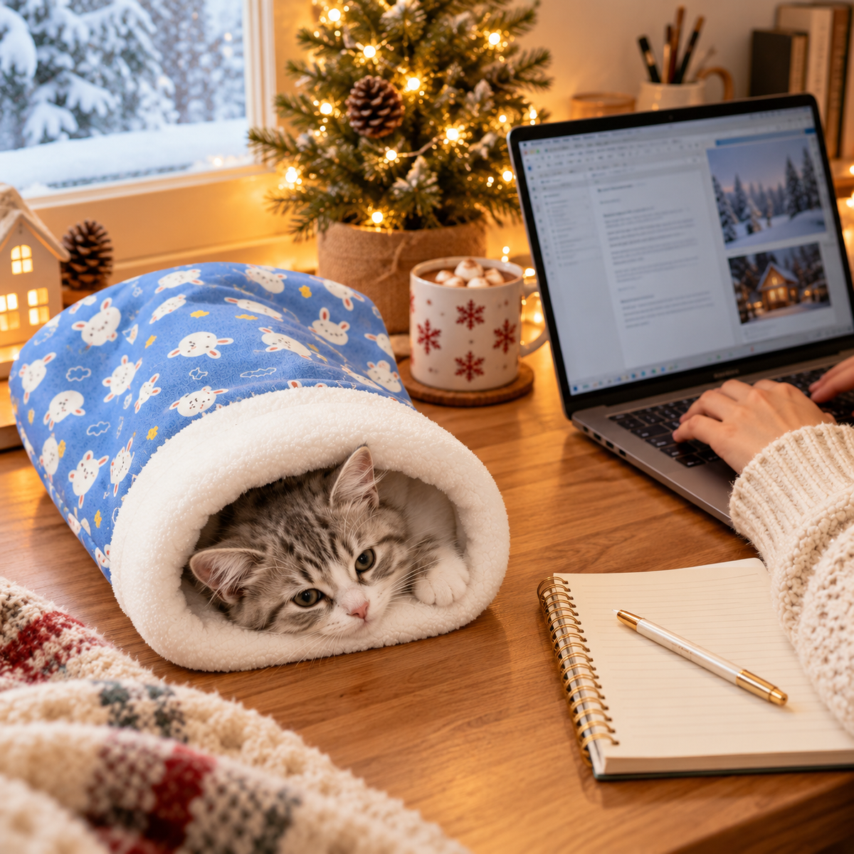 Kitten in the sleeping bag on a work desk next to a laptop