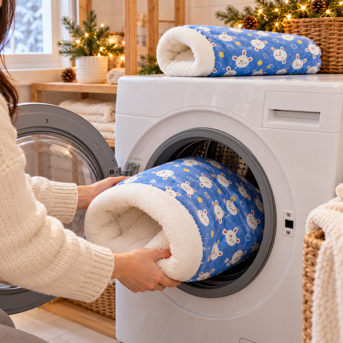 Cat sleeping bag going into a washing machine