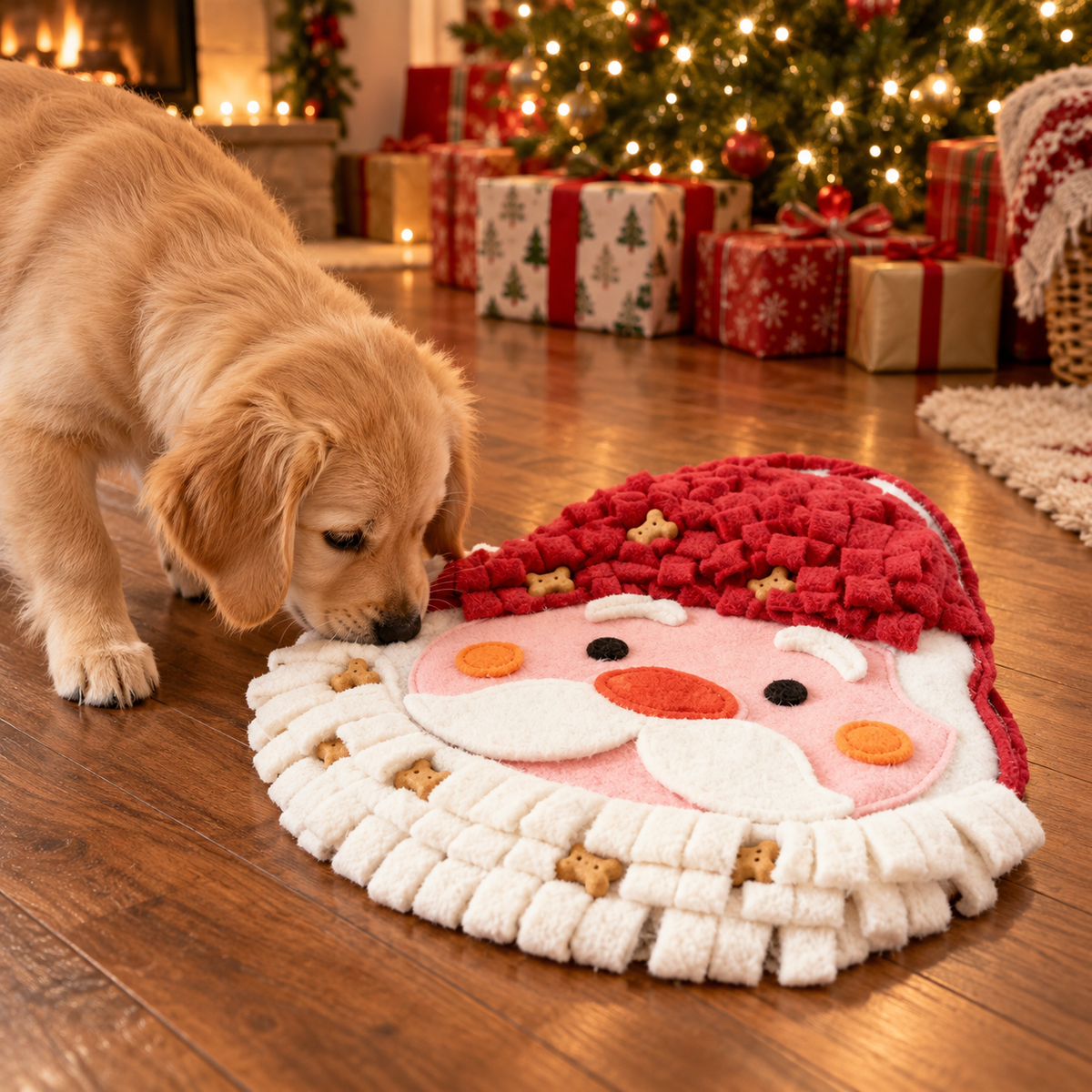 Golden retriever puppy sniffing treats in a Santa Claus snuffle mat by a Christmas tree