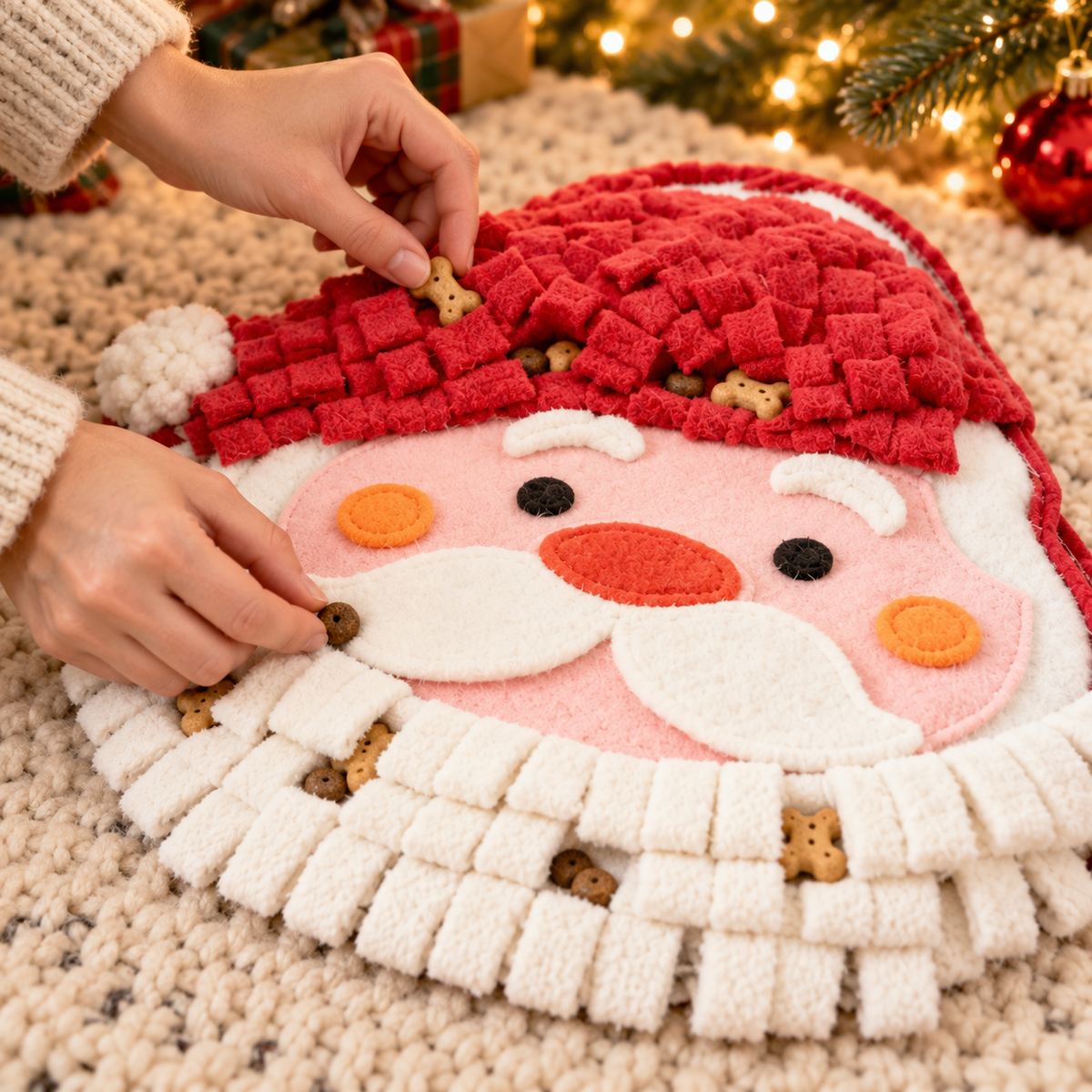Hands hiding dog treats in the fleece hat and felt beard of the Santa snuffle mat