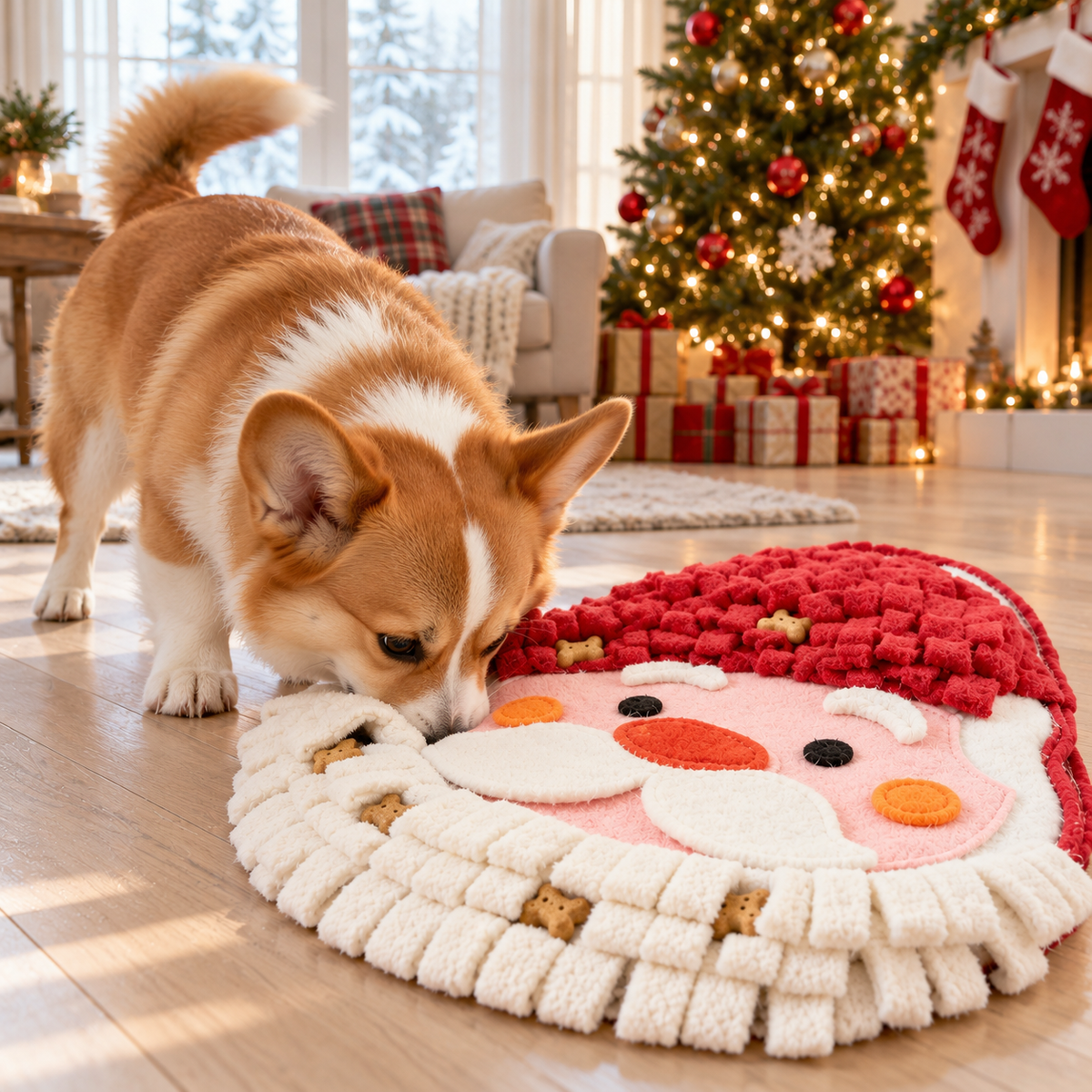 Corgi sniffing under the felt beard of the Santa snuffle mat
