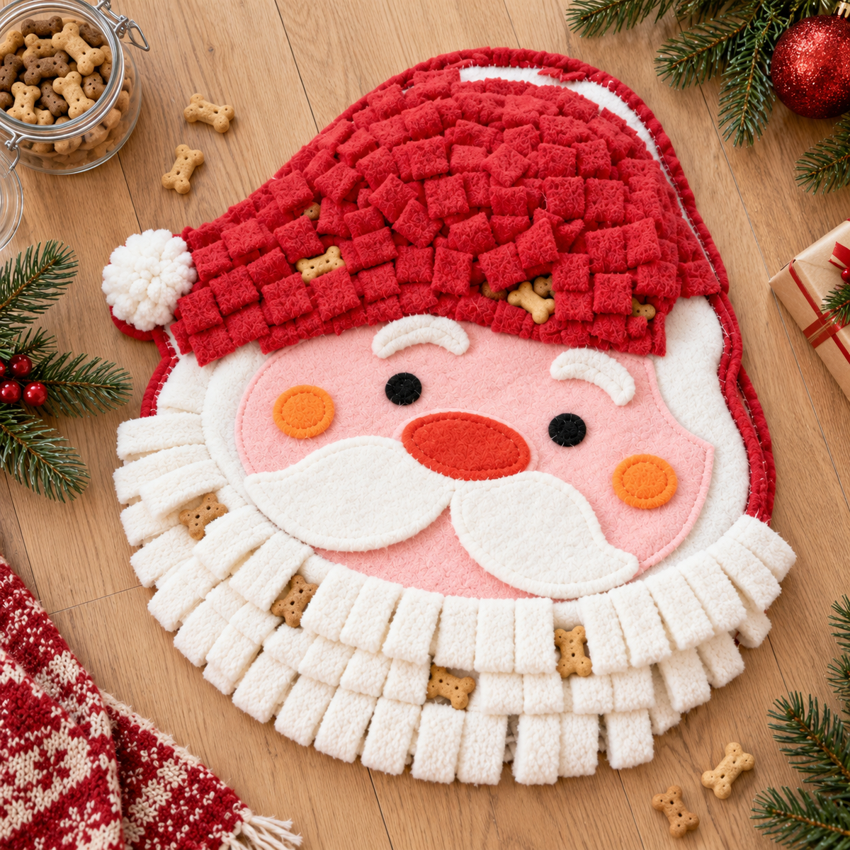 Overhead view of the felt Santa Claus snuffle mat