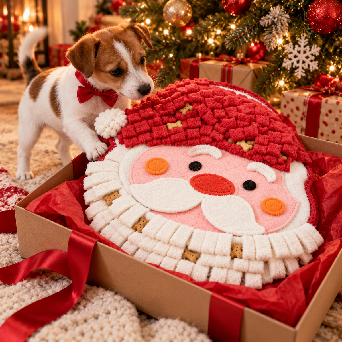 Santa snuffle mat in a gift box under the Christmas tree with a puppy