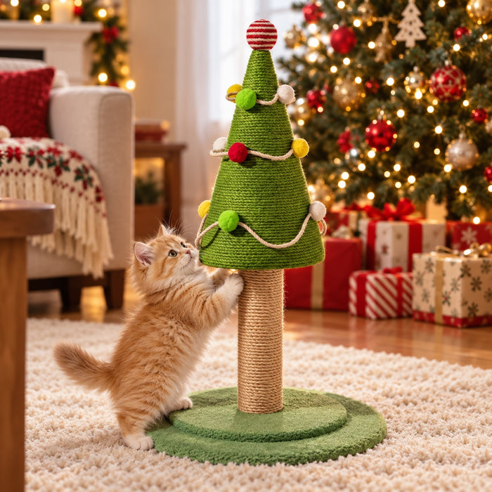 Ginger kitten scratching the Christmas tree cat scratching post