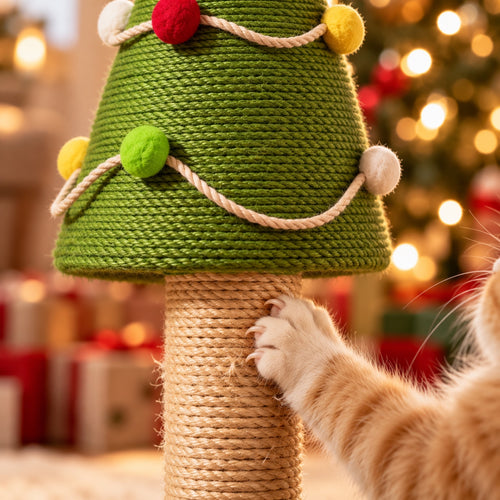 Close-up of the sisal post and green sisal tree top with garland and pom-poms