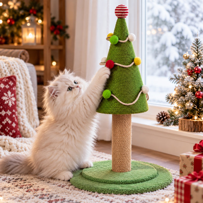 White Persian kitten playing with the pom-poms by a snowy window