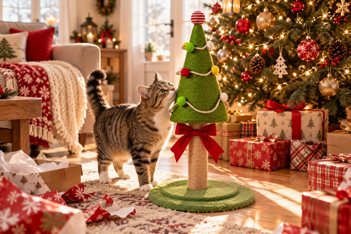 Christmas tree scratcher with a red bow as a Christmas morning gift