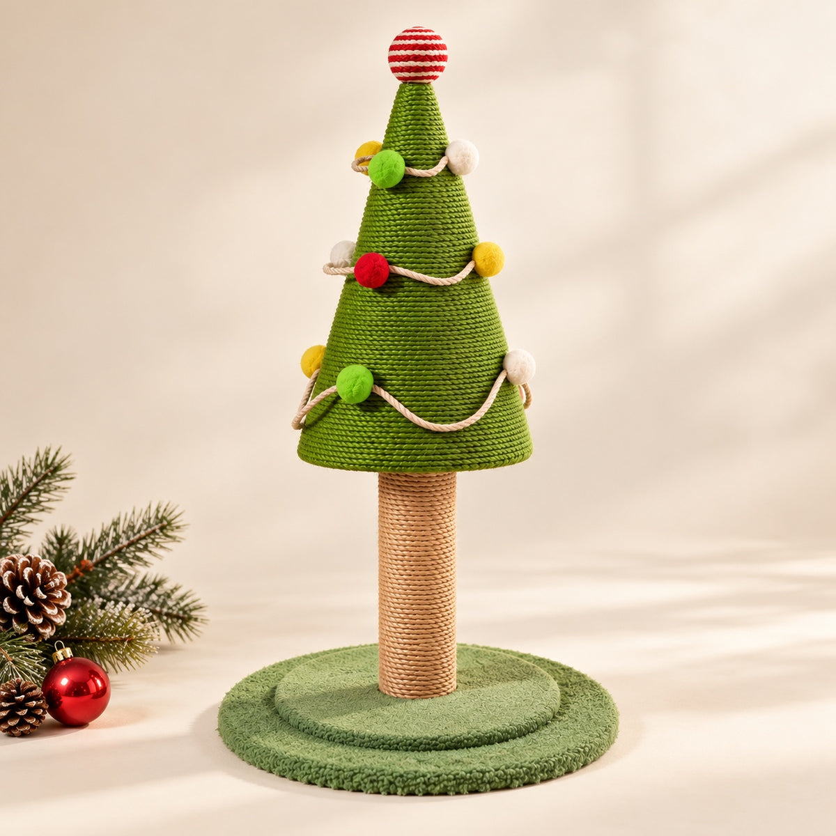 Christmas tree cat scratching post on a plain background
