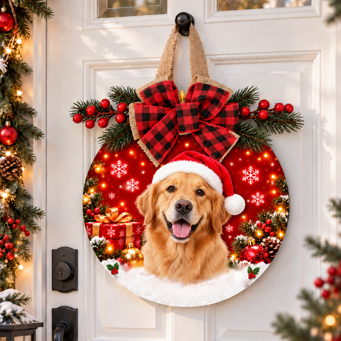 Personalized Christmas door sign with a golden retriever photo and red buffalo plaid bow