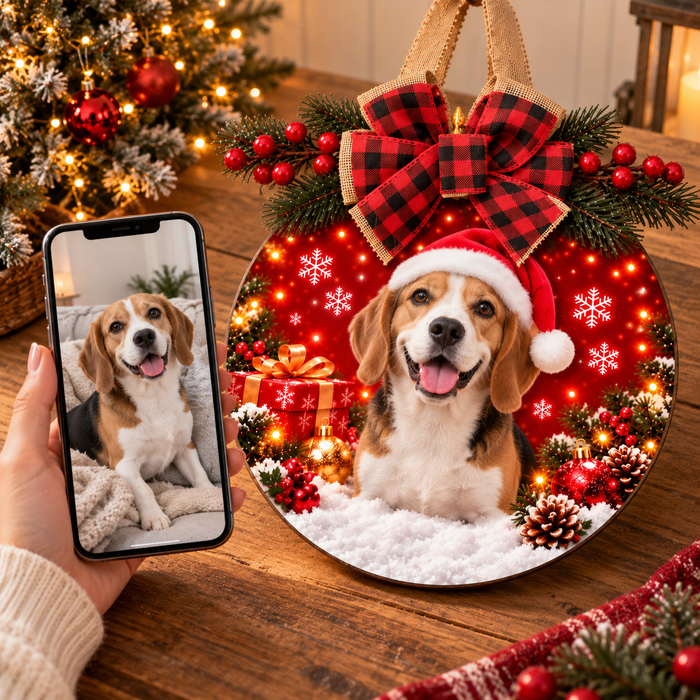 Phone photo of a beagle turned into a Christmas door sign