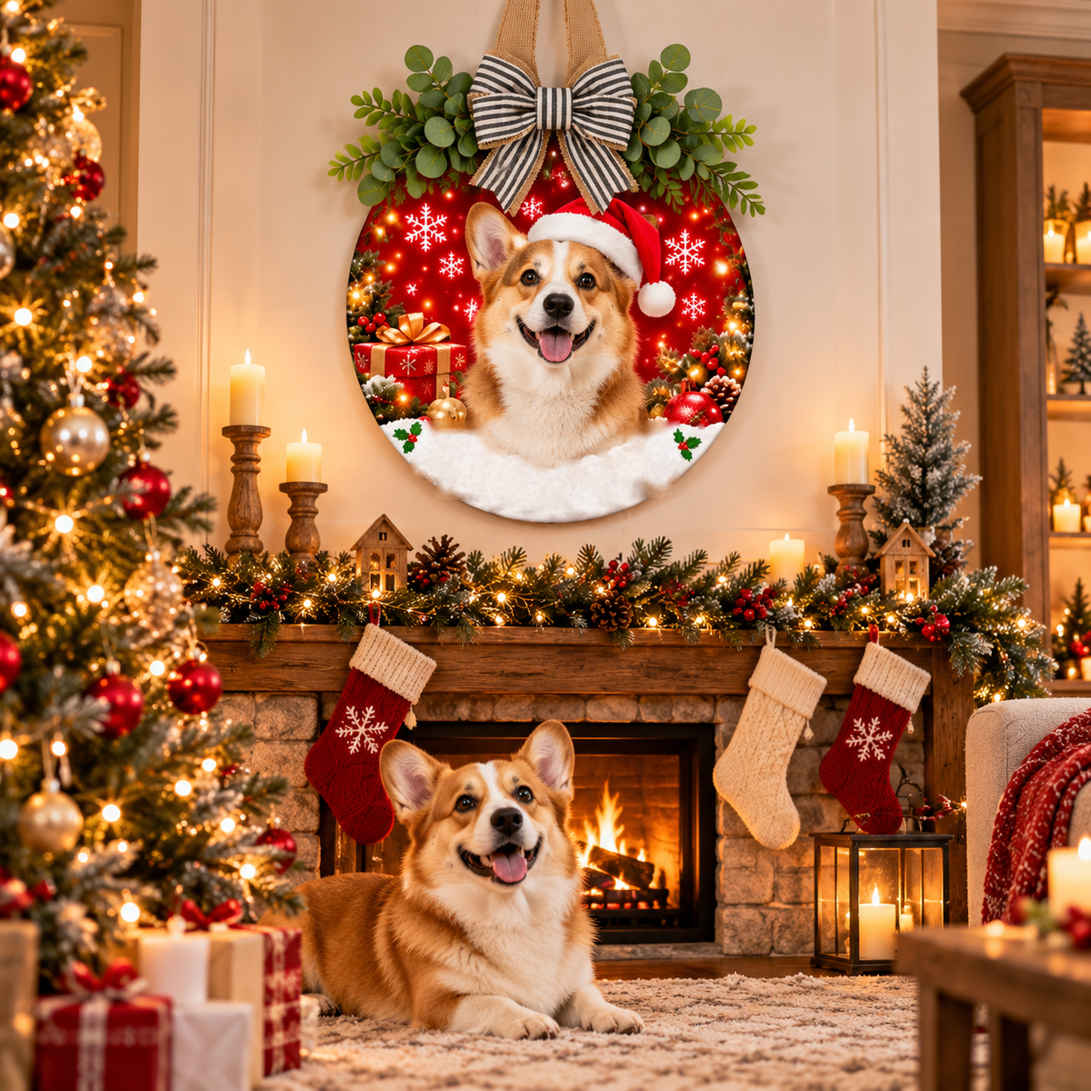 Corgi sign with grey stripe bow above a fireplace