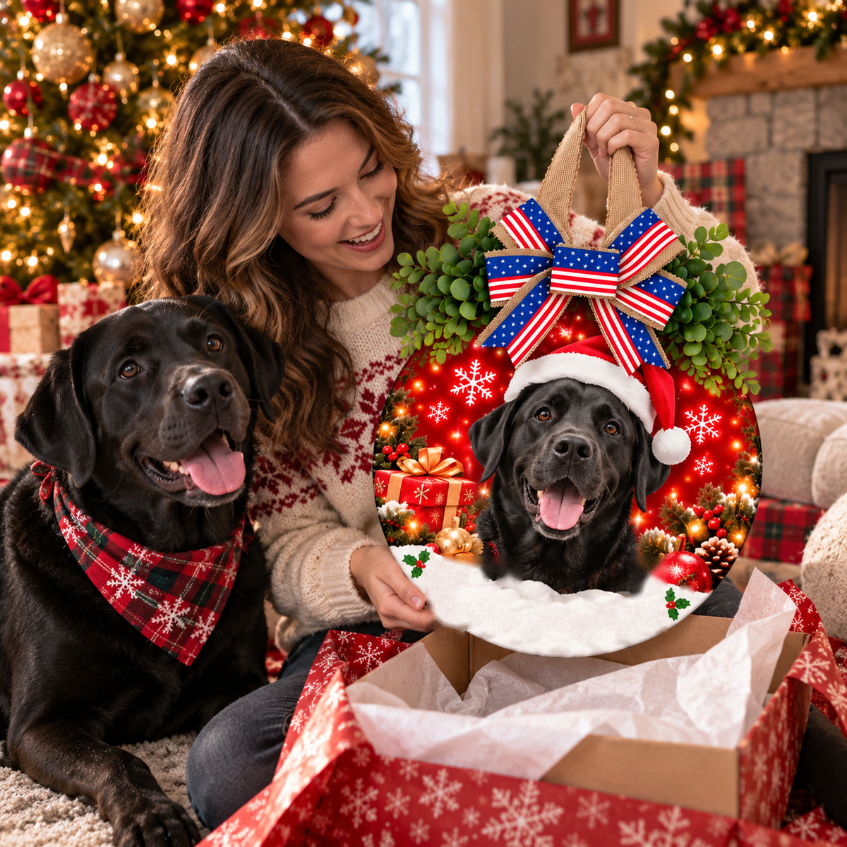 Woman unboxing a personalized black labrador sign with American flag bow