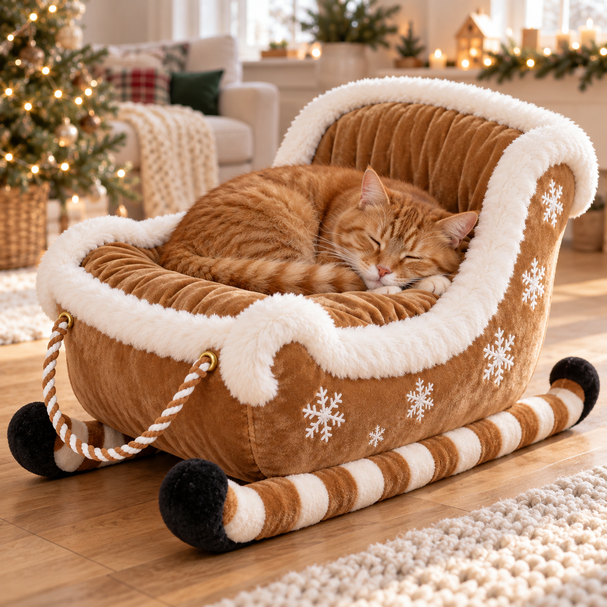 Camel Christmas sleigh pet bed with a sleeping ginger cat