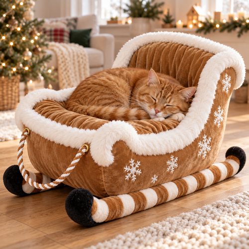 Camel Christmas sleigh pet bed with a sleeping ginger cat