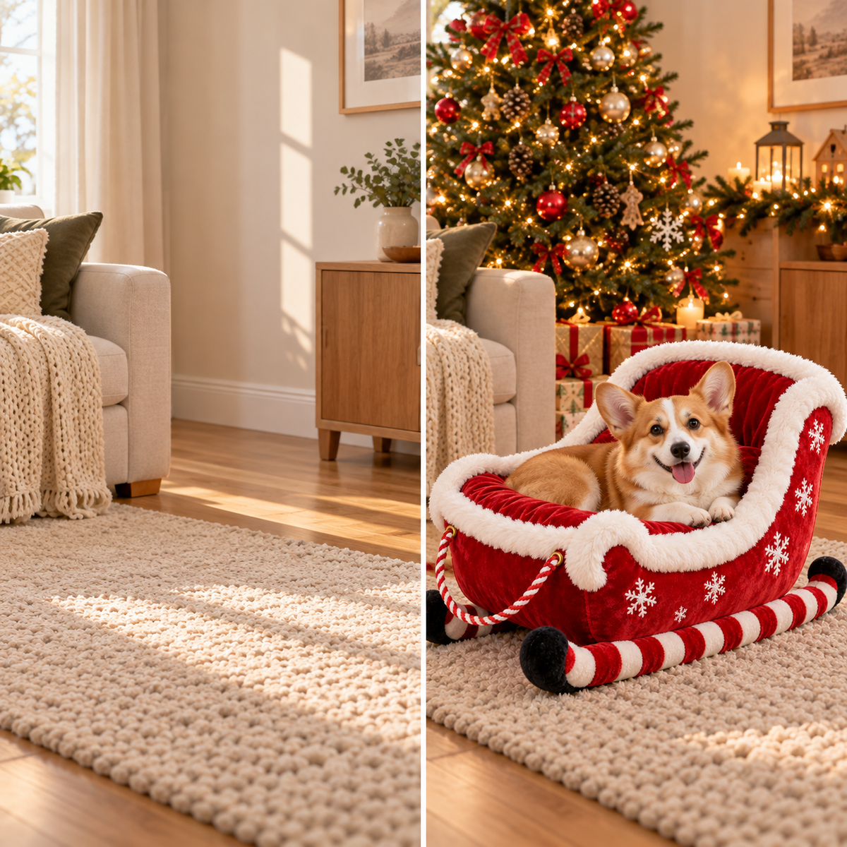 Before and after: living room corner with and without the sleigh pet bed