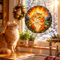 Orange tabby cat stained glass suncatcher in a kitchen window