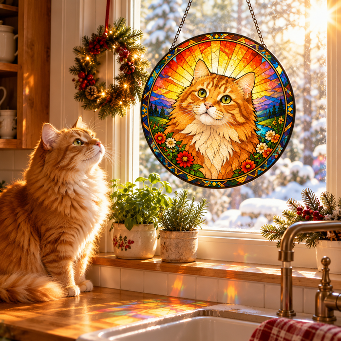 Orange tabby cat stained glass suncatcher in a kitchen window