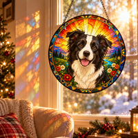 Sunlight shining through a border collie stained glass suncatcher