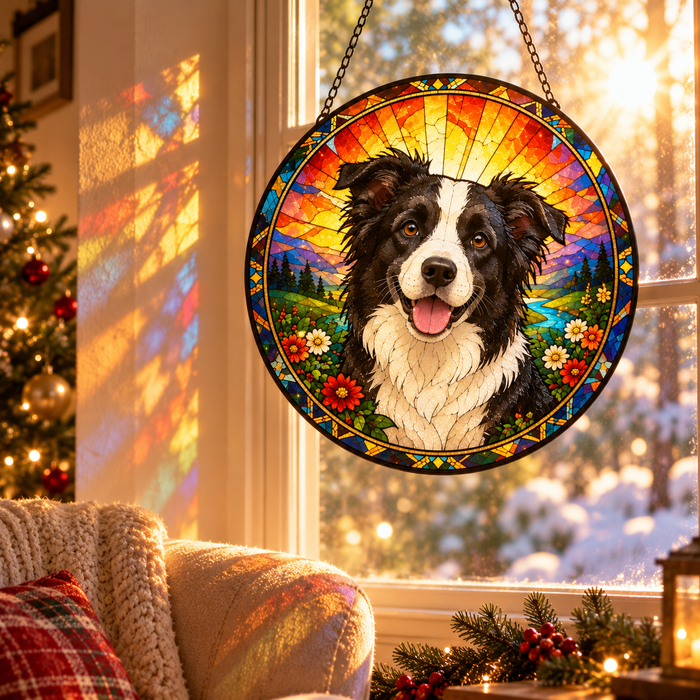 Sunlight shining through a border collie stained glass suncatcher