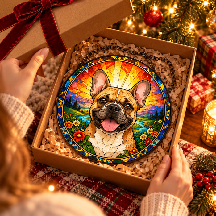 French bulldog suncatcher in a Christmas gift box