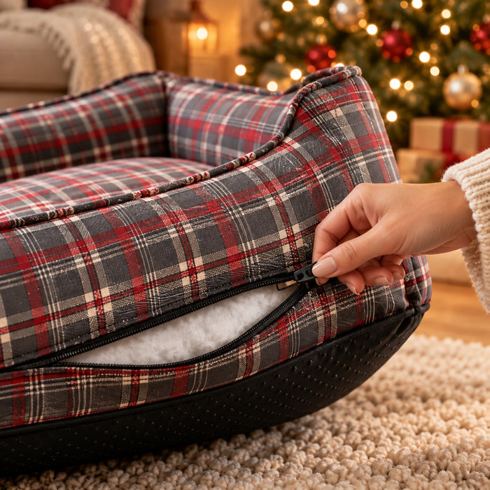 Hand unzipping the removable plaid cover, showing the soft filling and non-slip base