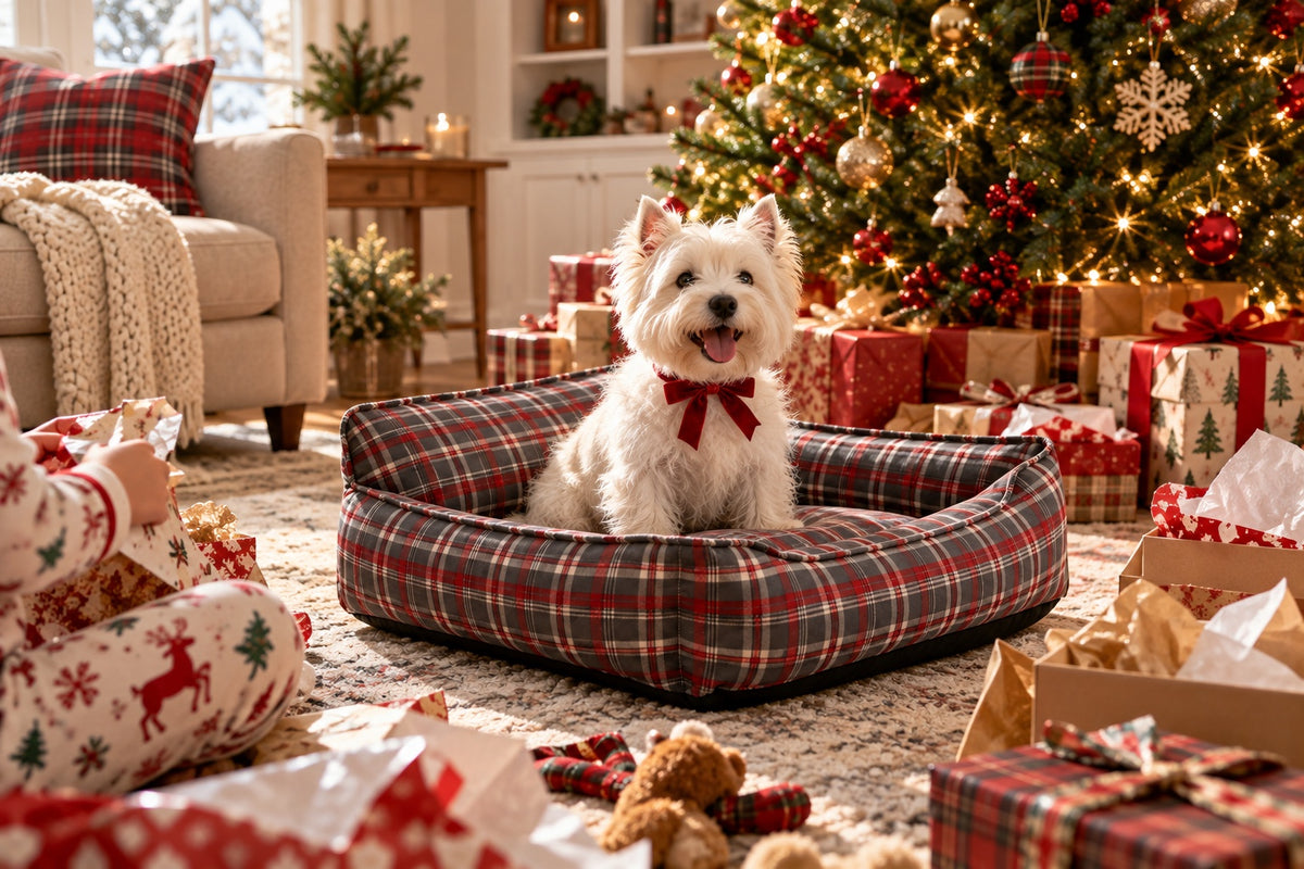 Westie with a red bow sitting in the plaid bed on Christmas morning