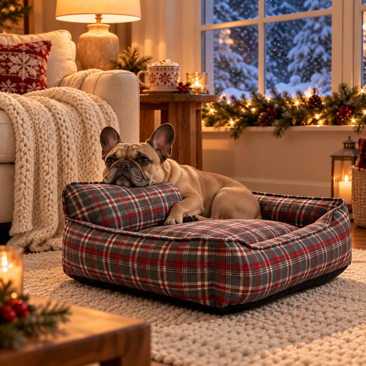 French Bulldog resting its chin on the backrest of the plaid bed in a cozy winter reading nook