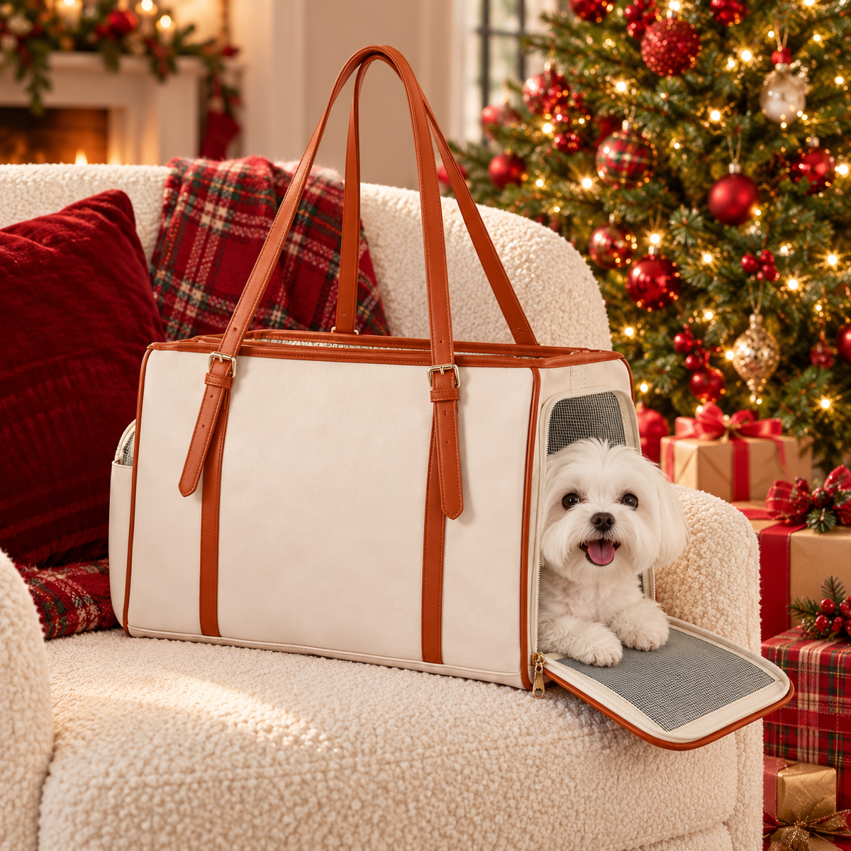 Off white faux leather dog carrier tote with a Maltese looking out of the mesh door by a Christmas tree