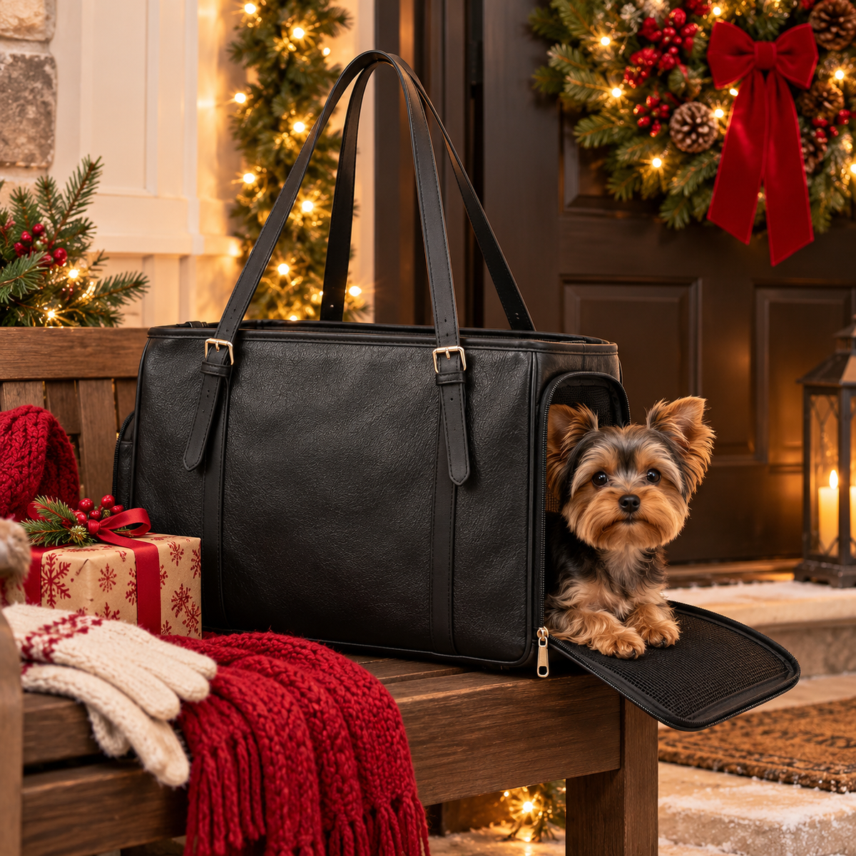 Black faux leather dog carrier tote with a Yorkie on an entryway bench