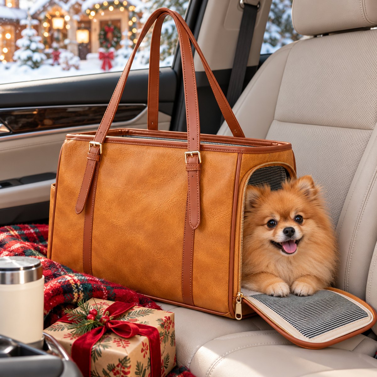 Caramel brown carrier tote with a Pomeranian on a car seat