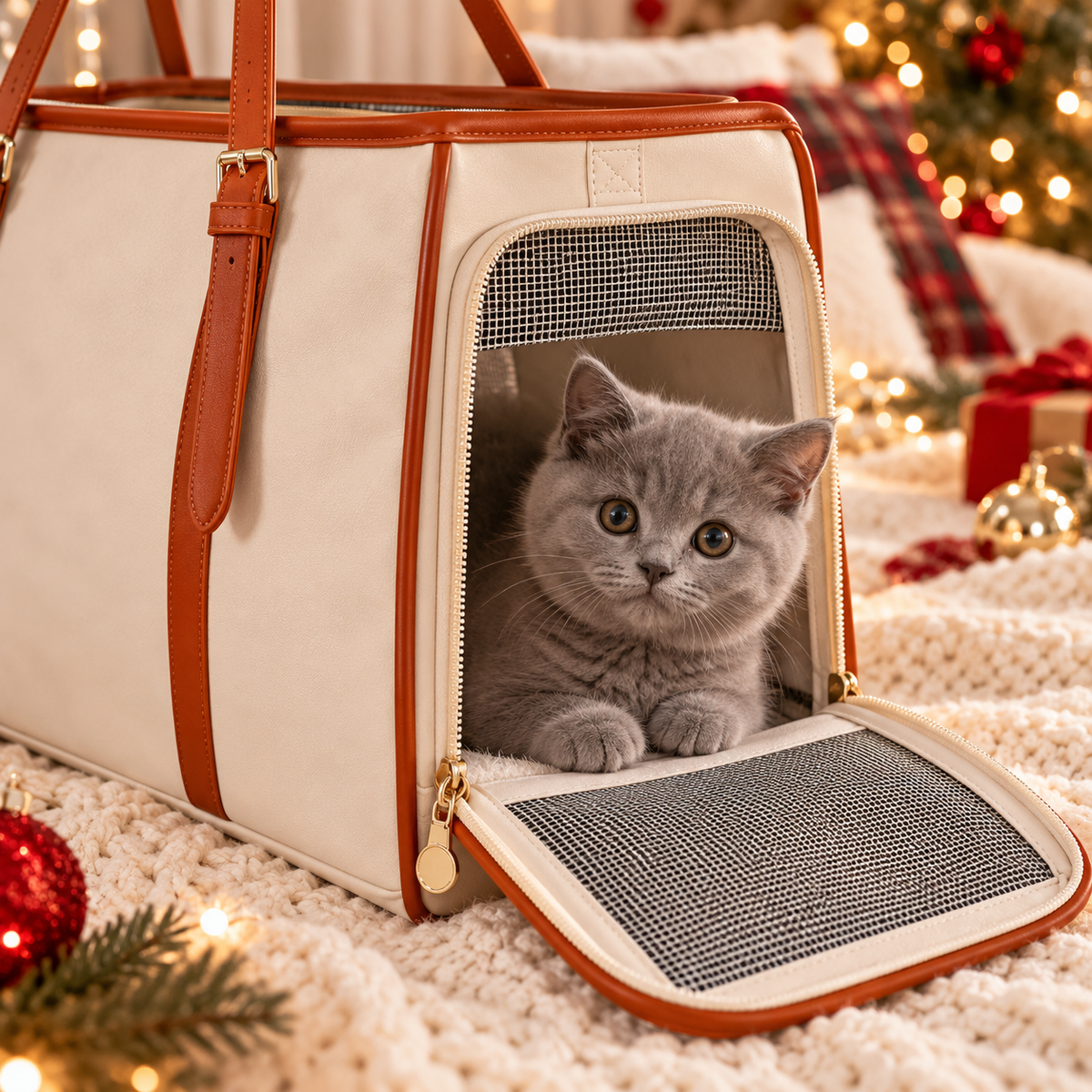 Close-up of the zip door and mesh window with a grey kitten inside