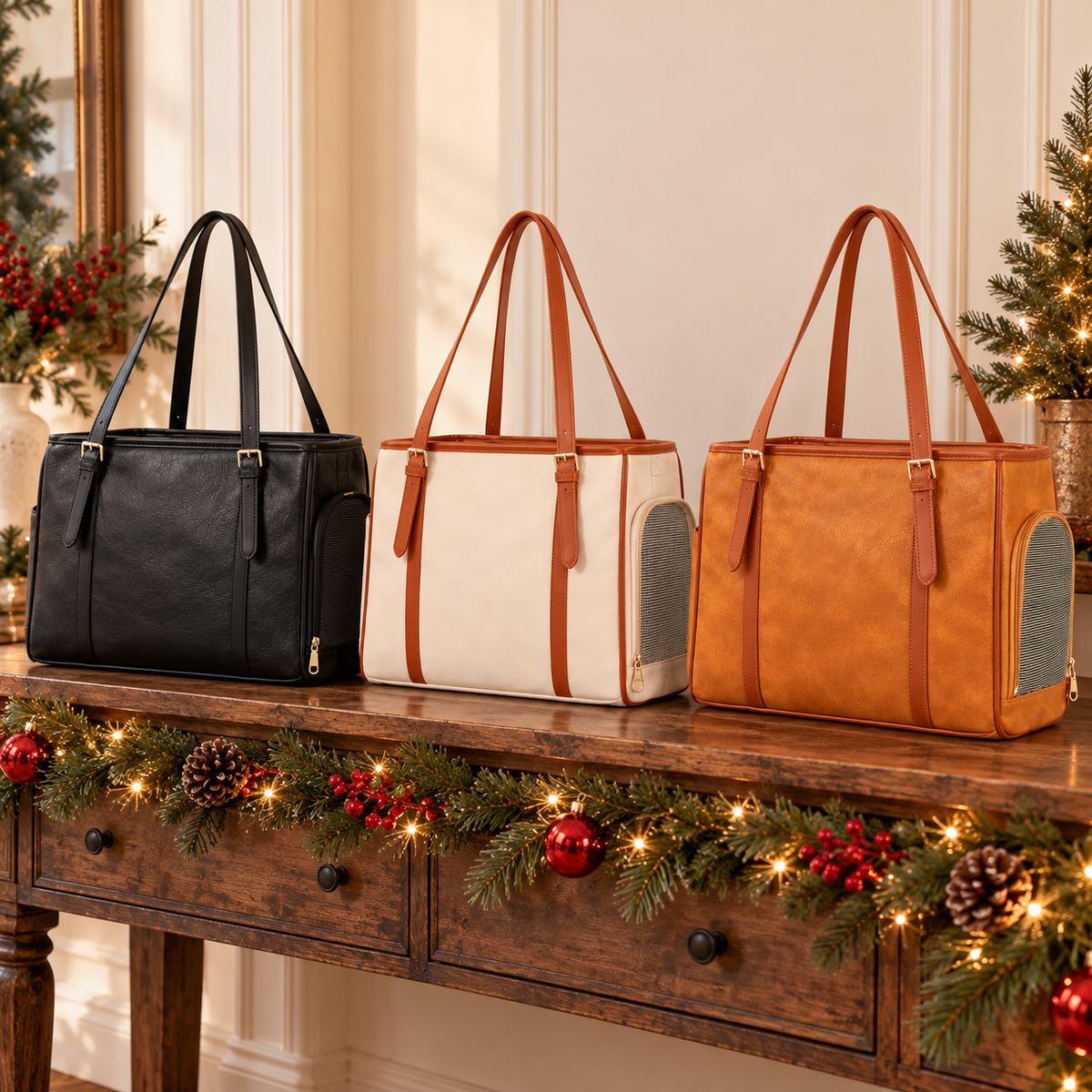 Carrier tote in black, off white and caramel brown