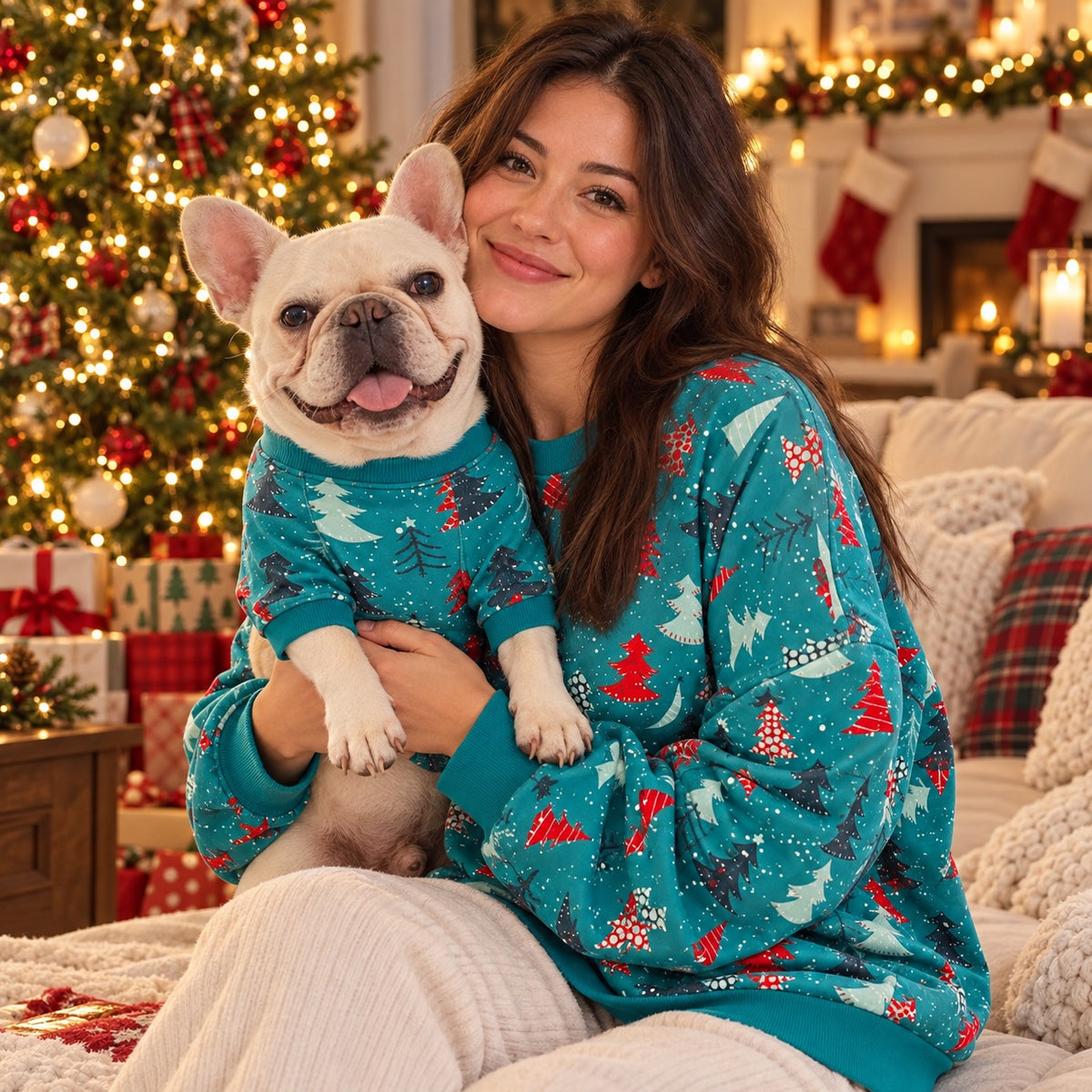 Woman and French Bulldog wearing matching teal Christmas tree sweatshirts by the Christmas tree