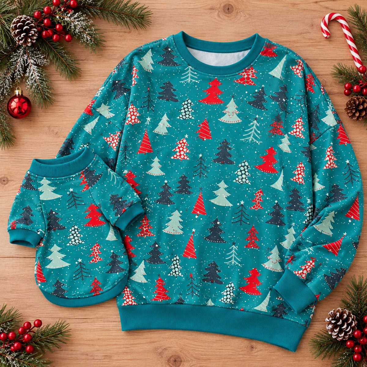 Owner sweatshirt and dog sweatshirt laid flat side by side, teal Christmas tree print