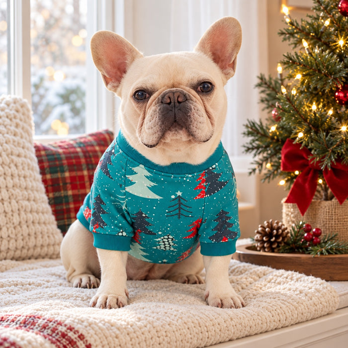 French Bulldog wearing the teal Christmas tree dog sweatshirt by a window