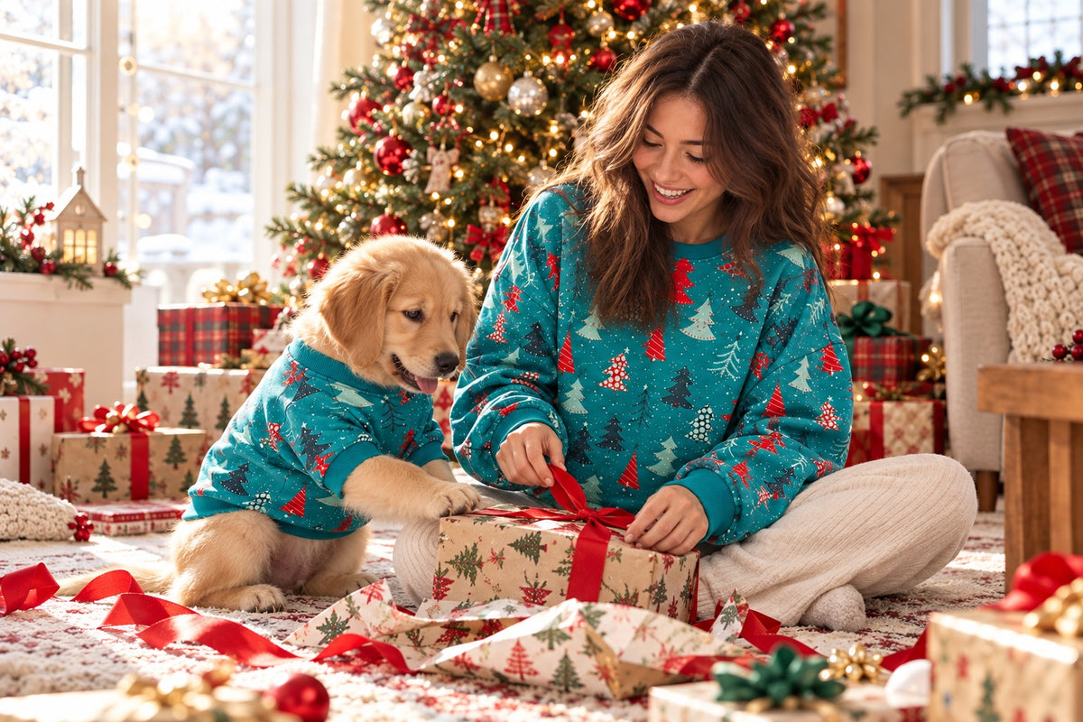 Woman and Golden Retriever puppy in matching sweatshirts opening gifts on Christmas morning